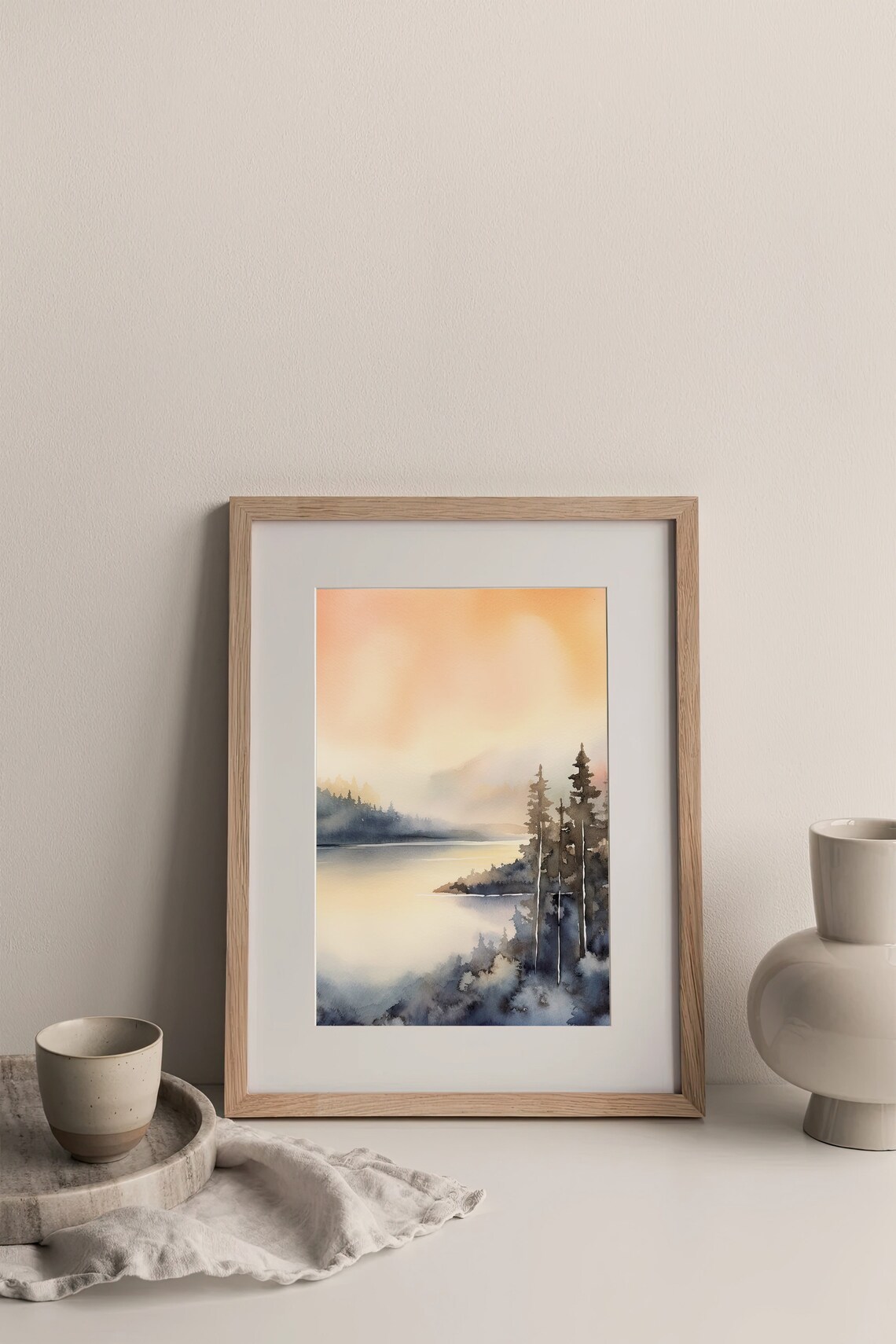 Lake Chelan Watercolor Misty Lake Sunset Evergreen Trees Poster - Image 2