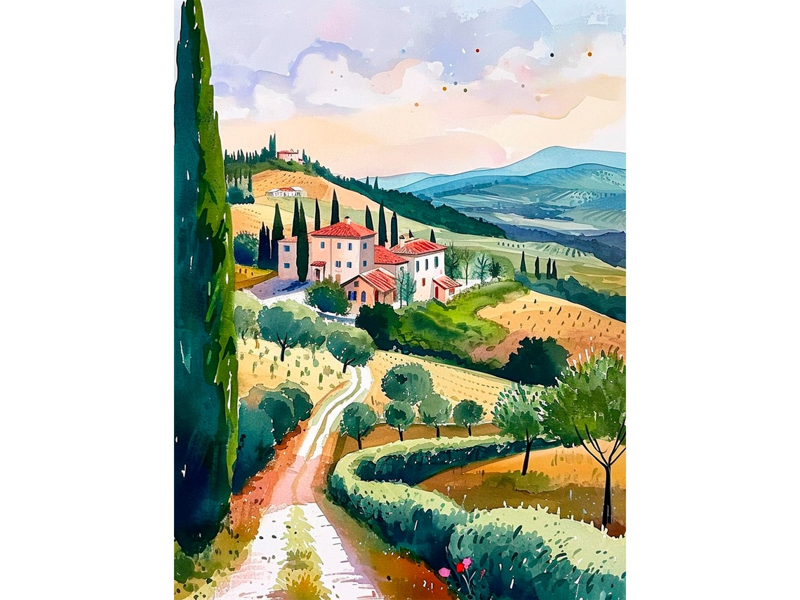 Tuscany Countryside Vineyards Art Print Italy Fields Watercolor Painting Italian Landscape Travel Art Poster Gifts By Feelingprints