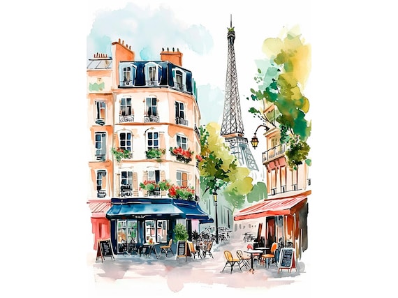 Paris Cityscape Watercolor Art Print, Travel Poster