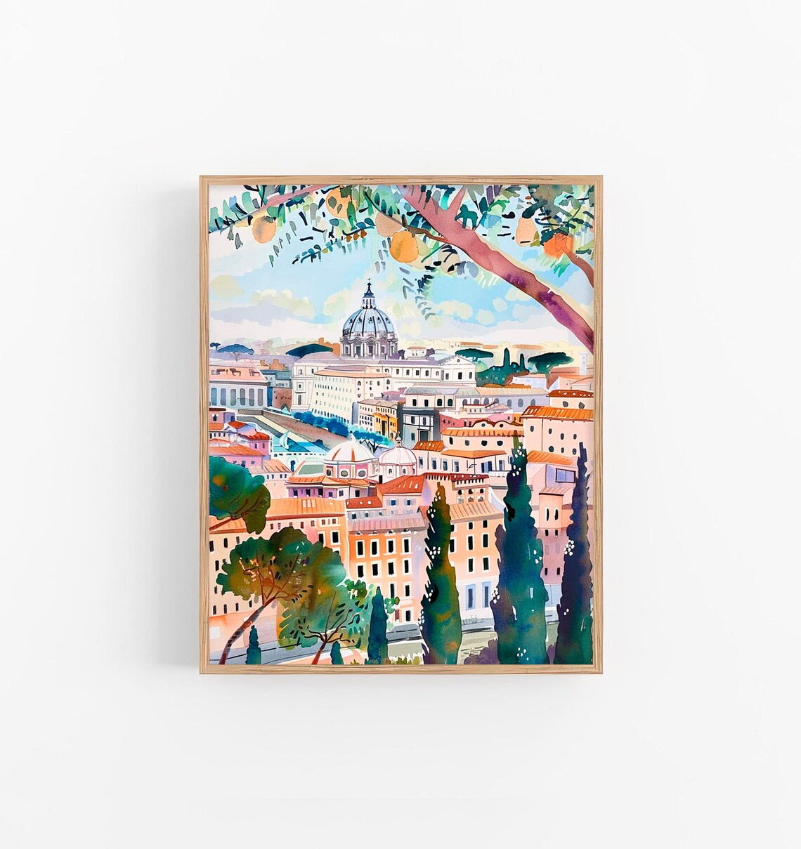 Rome Cityscape St Peter Basilica Dome Watercolor Italian Poster