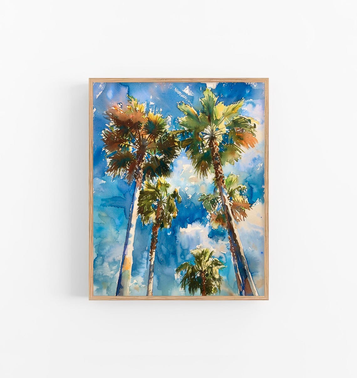 Palm Trees Reaching Into Bright Blue Sky Tropical Watercolor Poster