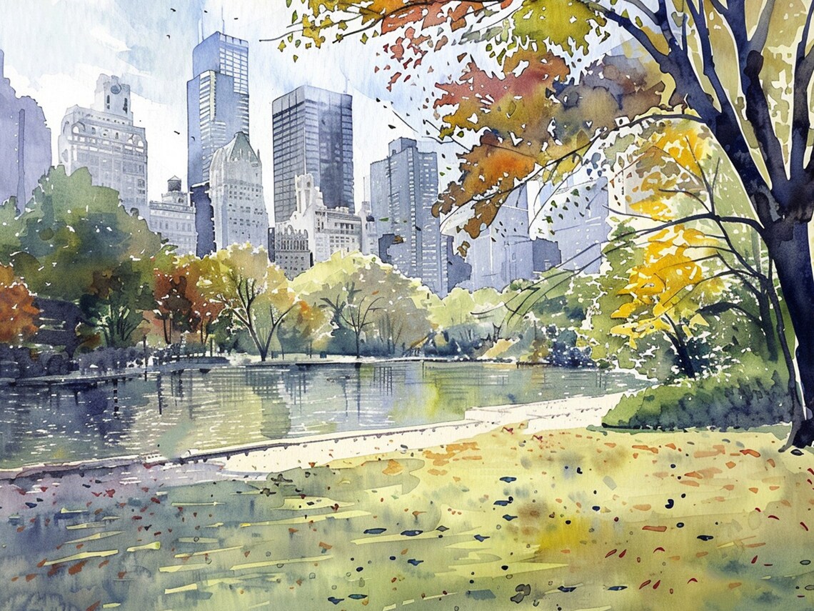 Stunning Central Park Autumn New York City Skyline Watercolor Poster