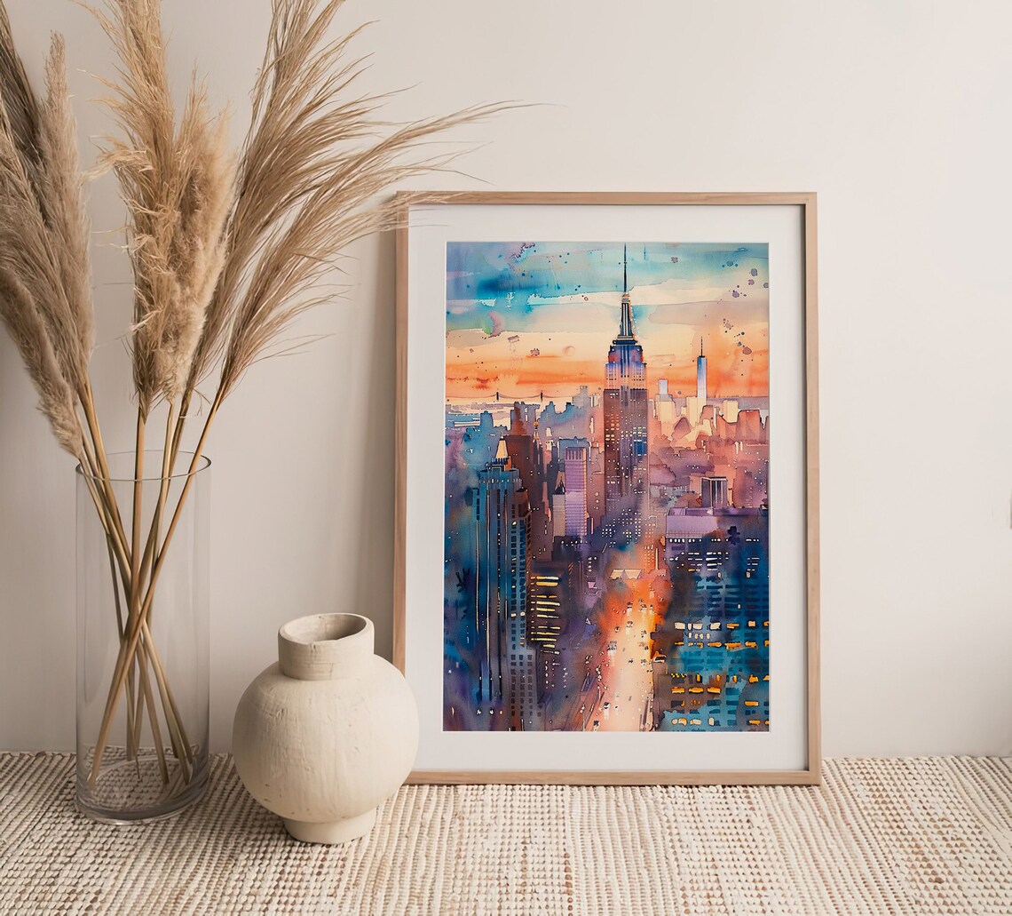 New York Sunset Skyline Watercolor Art Print - Image 5