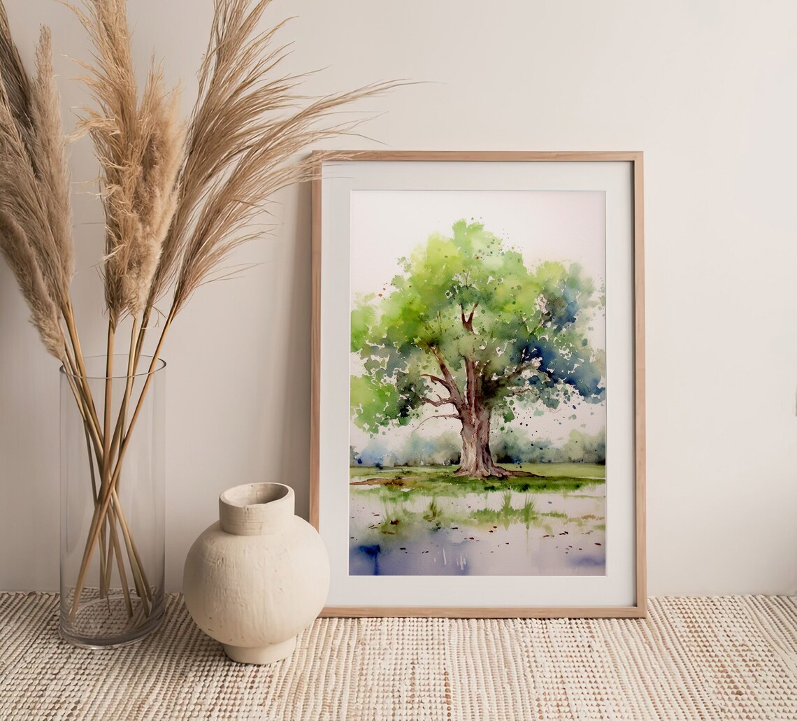 Lone Oak Tree Watercolor Grand Old Tree Meadow Pond Landscape Print - Image 4