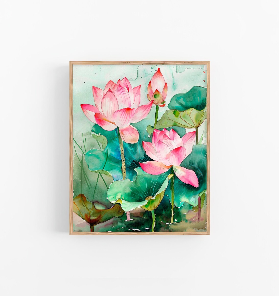 Stunning Pink Water Lilies Lotus Blossoms Pond Watercolor Poster