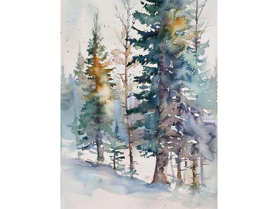 Winter Pine Forest Watercolor Painting Art Print