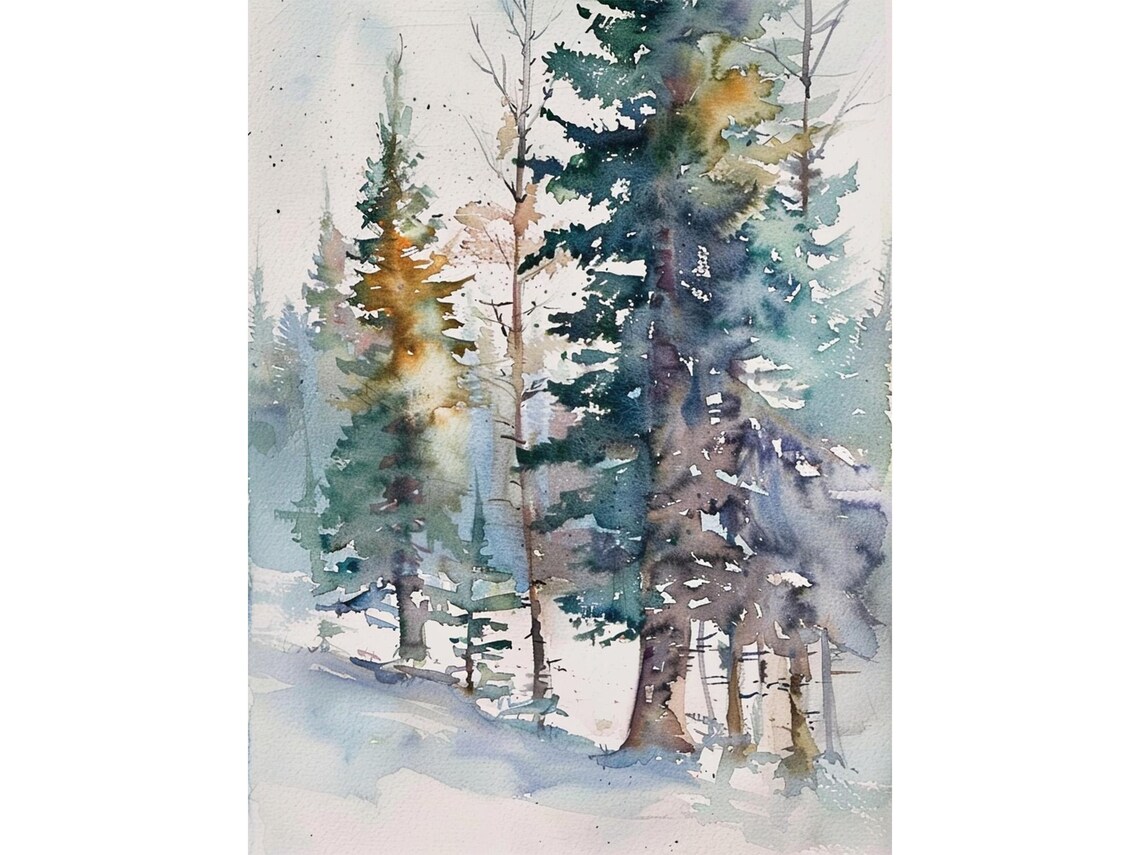Winter Pine Forest Watercolor Painting Art Print