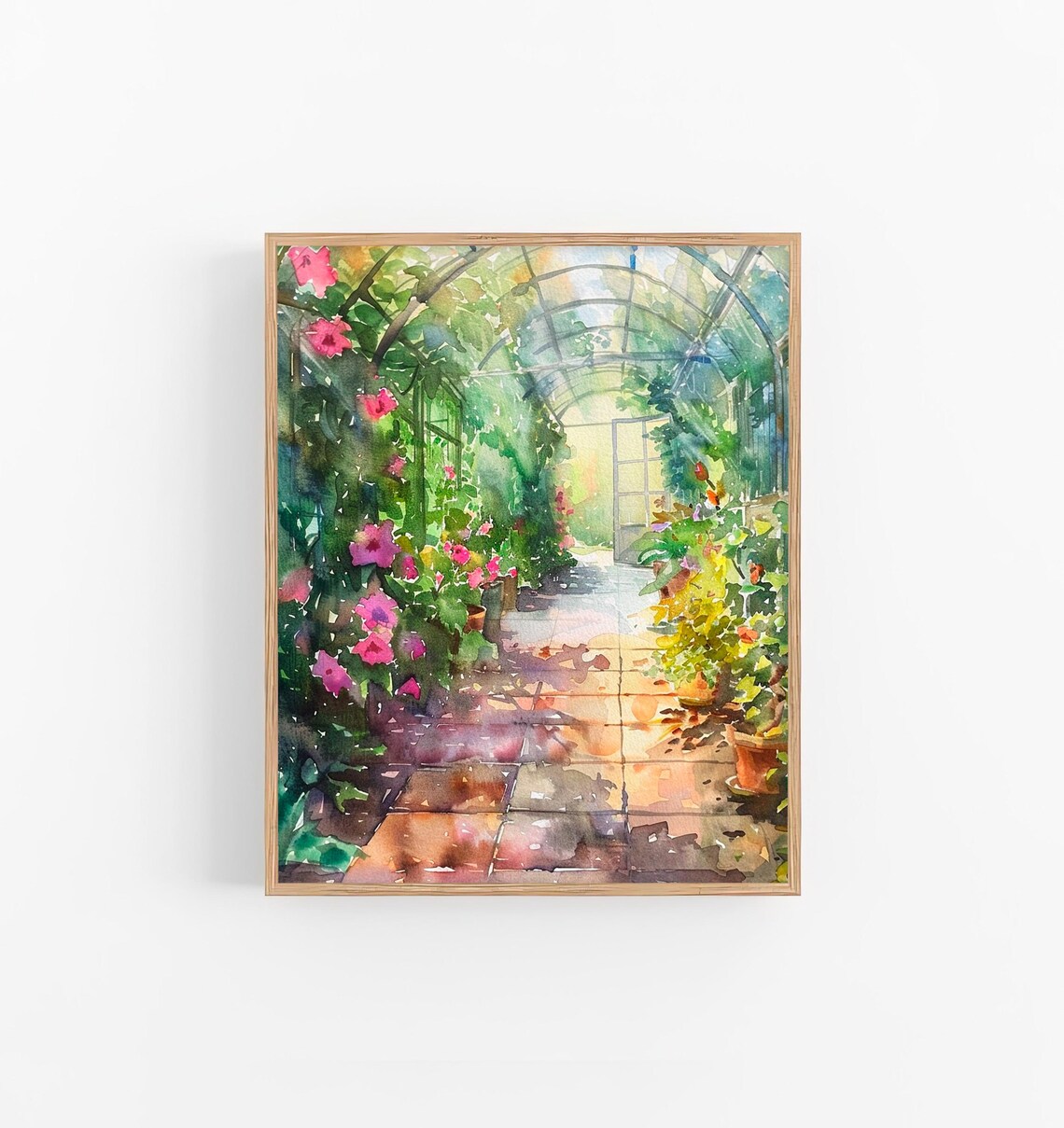 Greenhouse Watercolor Sunlit Conservatory Pink Flowers Garden Poster