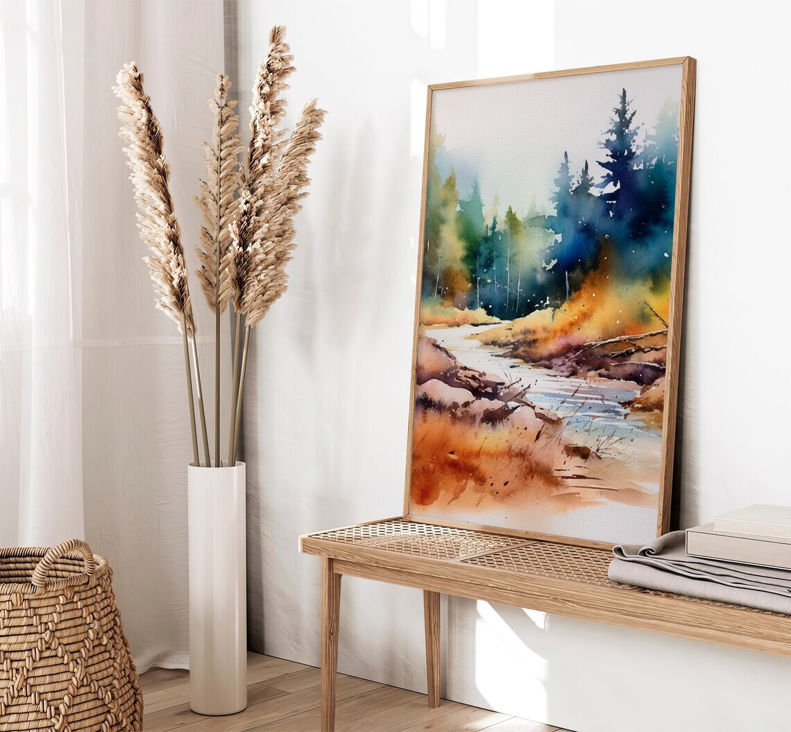 Colorado Forest Stream Misty Pine Trees Watercolor Landscape Poster - Image 5