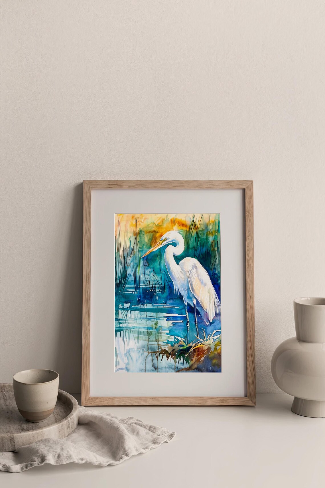 Great White Egret Heron in Marsh Watercolor Bird Painting Poster - Image 4