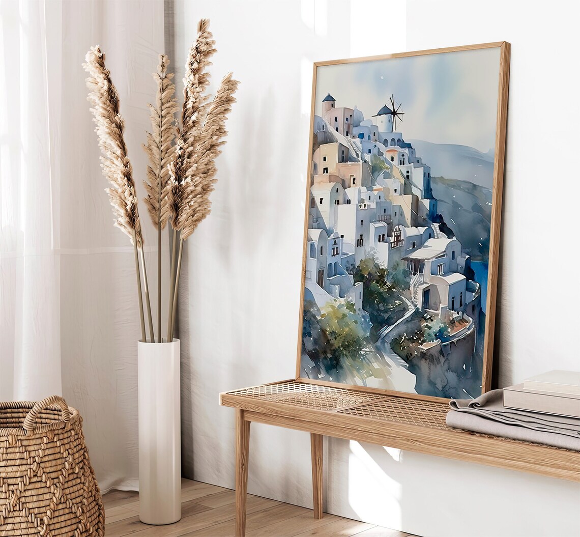 Mykonos Greece Whitewashed Village Windmill Watercolor Travel Poster - Image 2