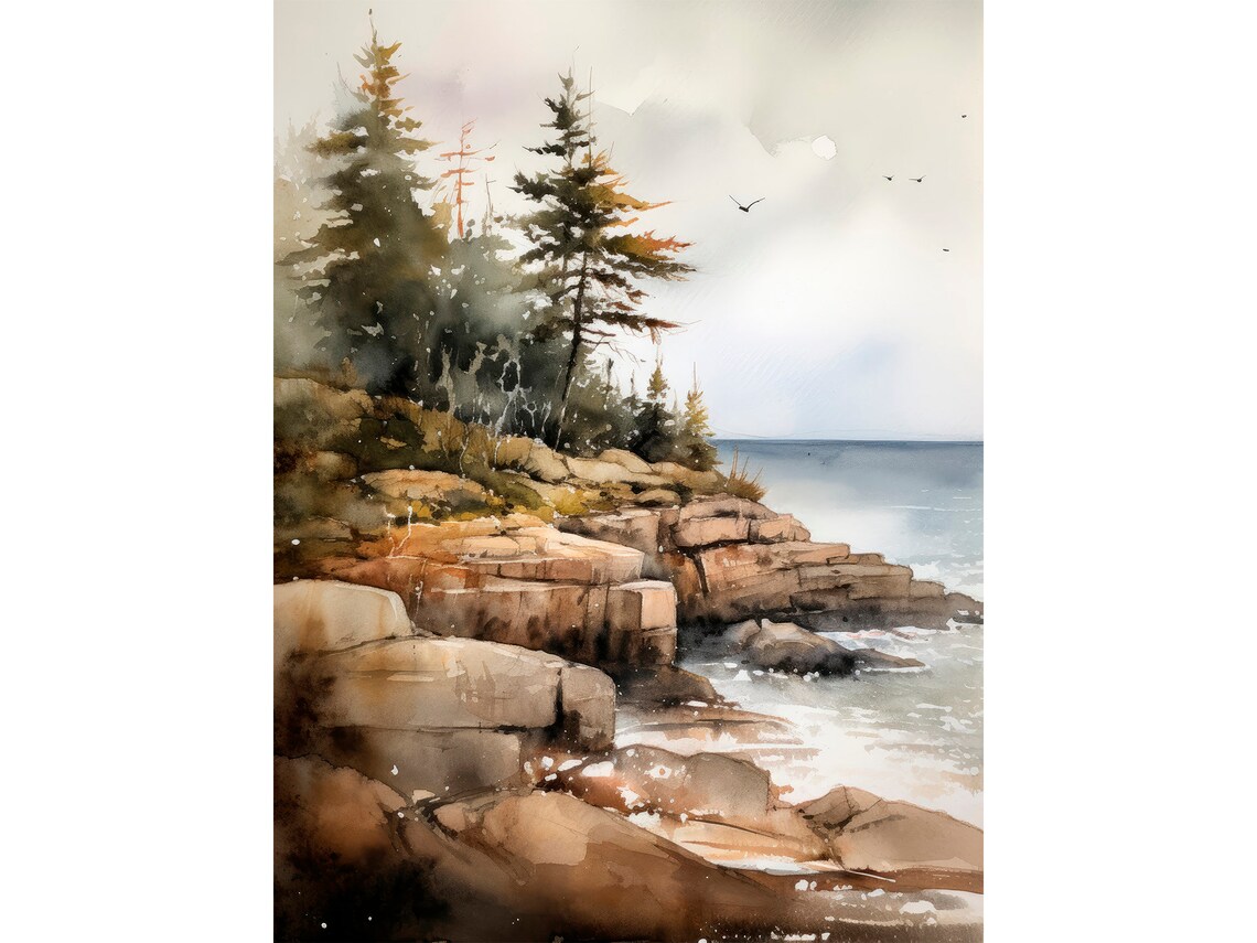 Acadia Pine Trees Watercolor Art Print, National Park