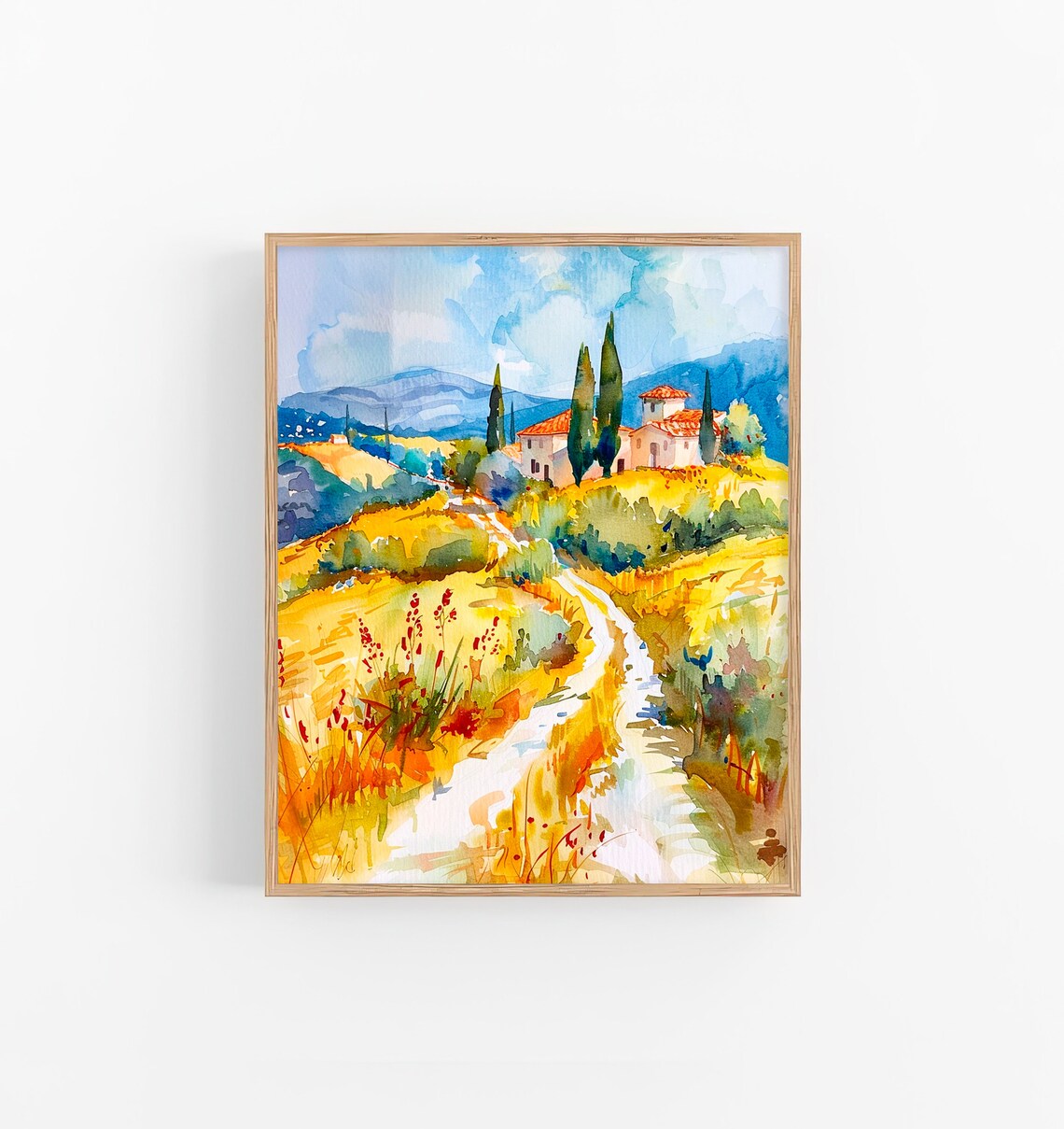 Tuscan Villa Cypress Trees Golden Hills Italy Watercolor Poster