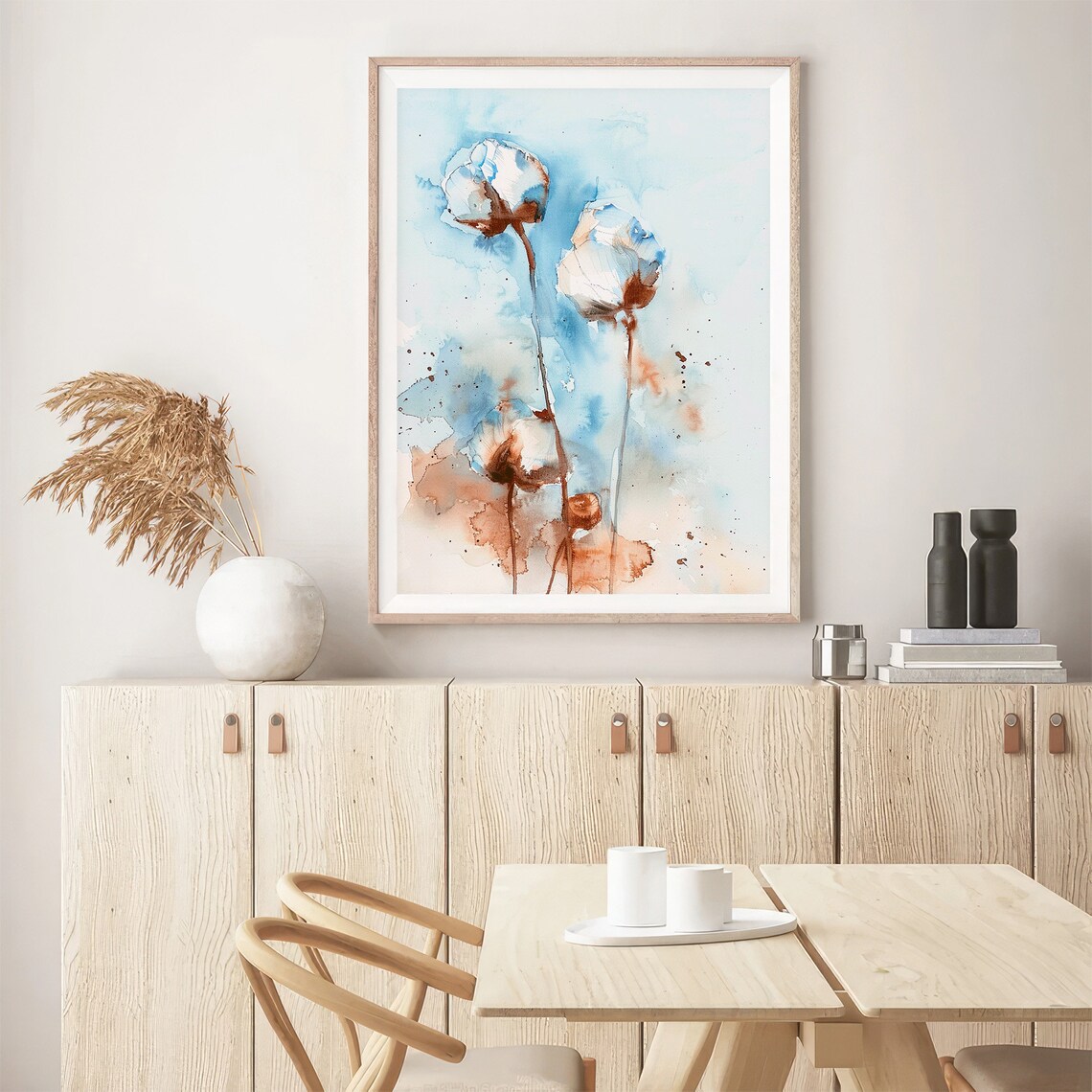 Delicate White Cotton Blossoms Abstract Floral Watercolor Poster - Image 5