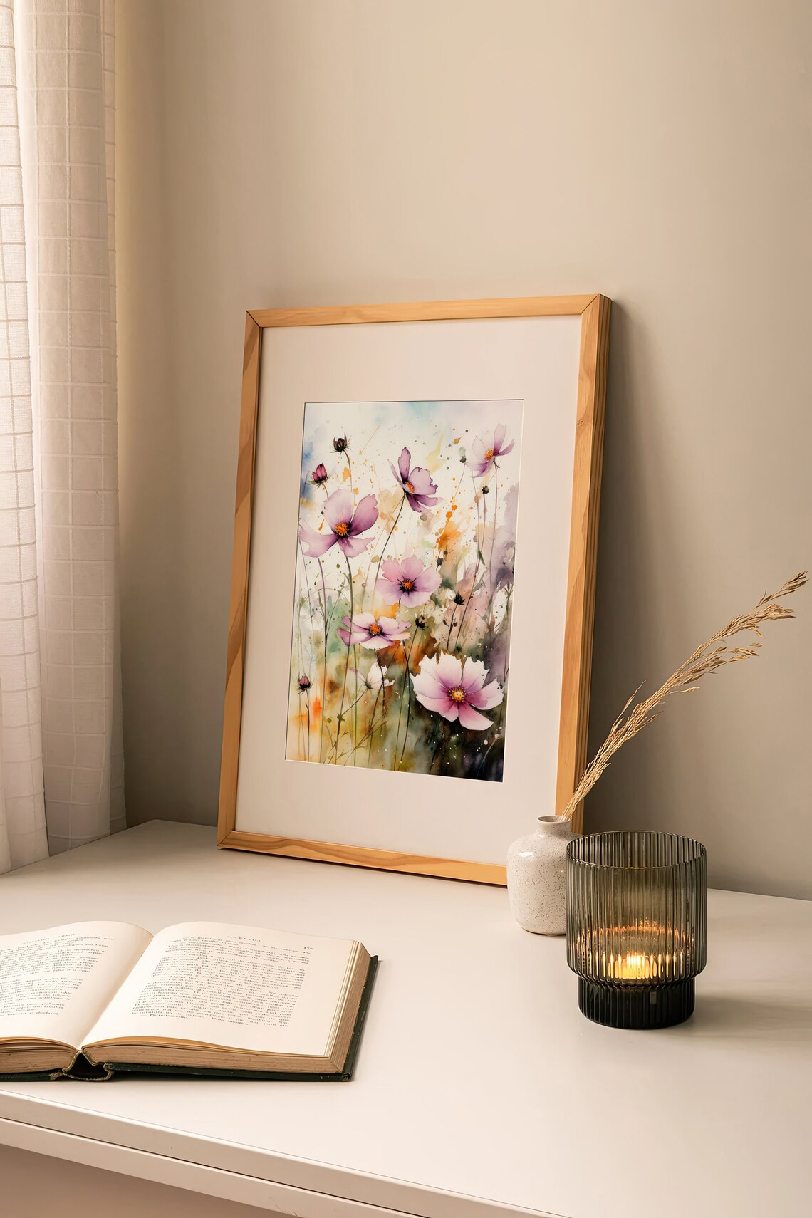 Pink Cosmos Wildflowers Meadow Watercolor Floral Scene Poster - Image 4
