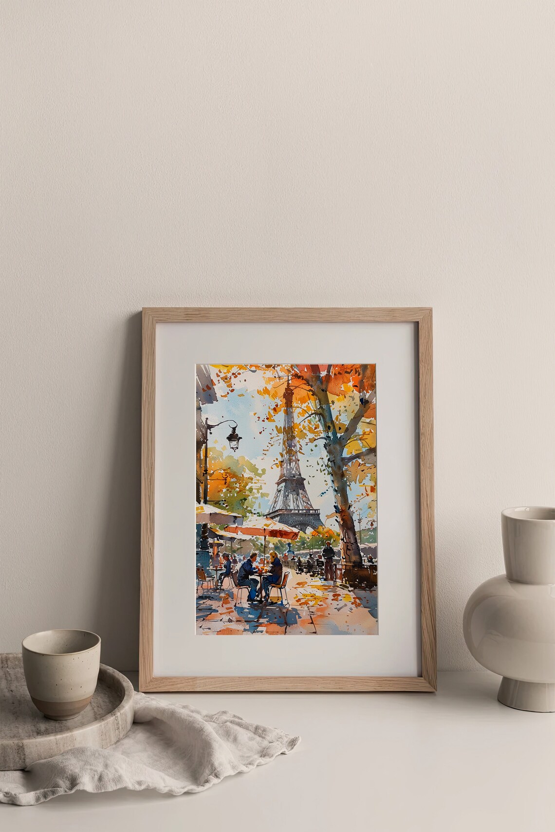 Paris Cafe Eiffel Tower Autumn Street Scene Watercolor Wall Art - Image 4