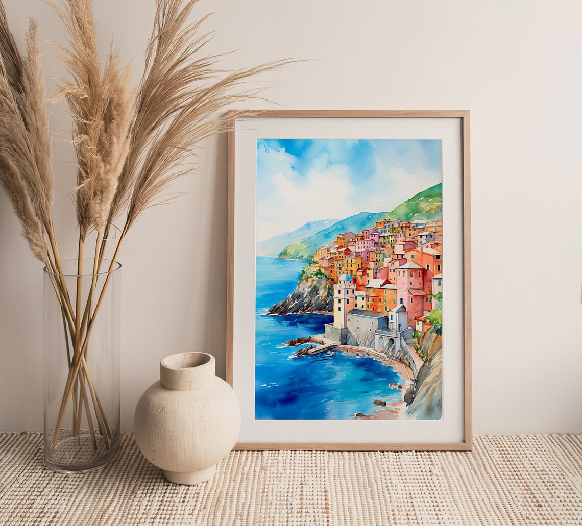 Manarola Watercolor Art Print, Italy Cityscape - Image 3