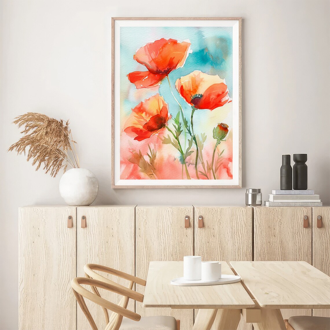 Red Orange Poppies Close Up Watercolor Floral Botanical Wall Art - Image 2