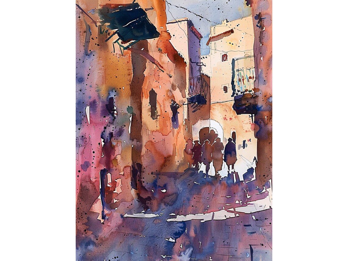 Morocco Medina Street Warm Terracotta Watercolor Travel Poster