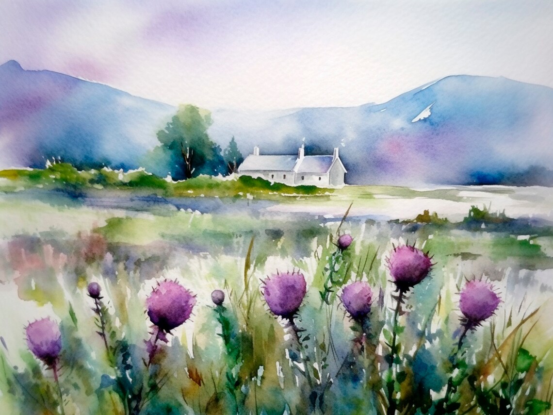 Scottish Landscape Watercolor Art Print, Thistle Fields