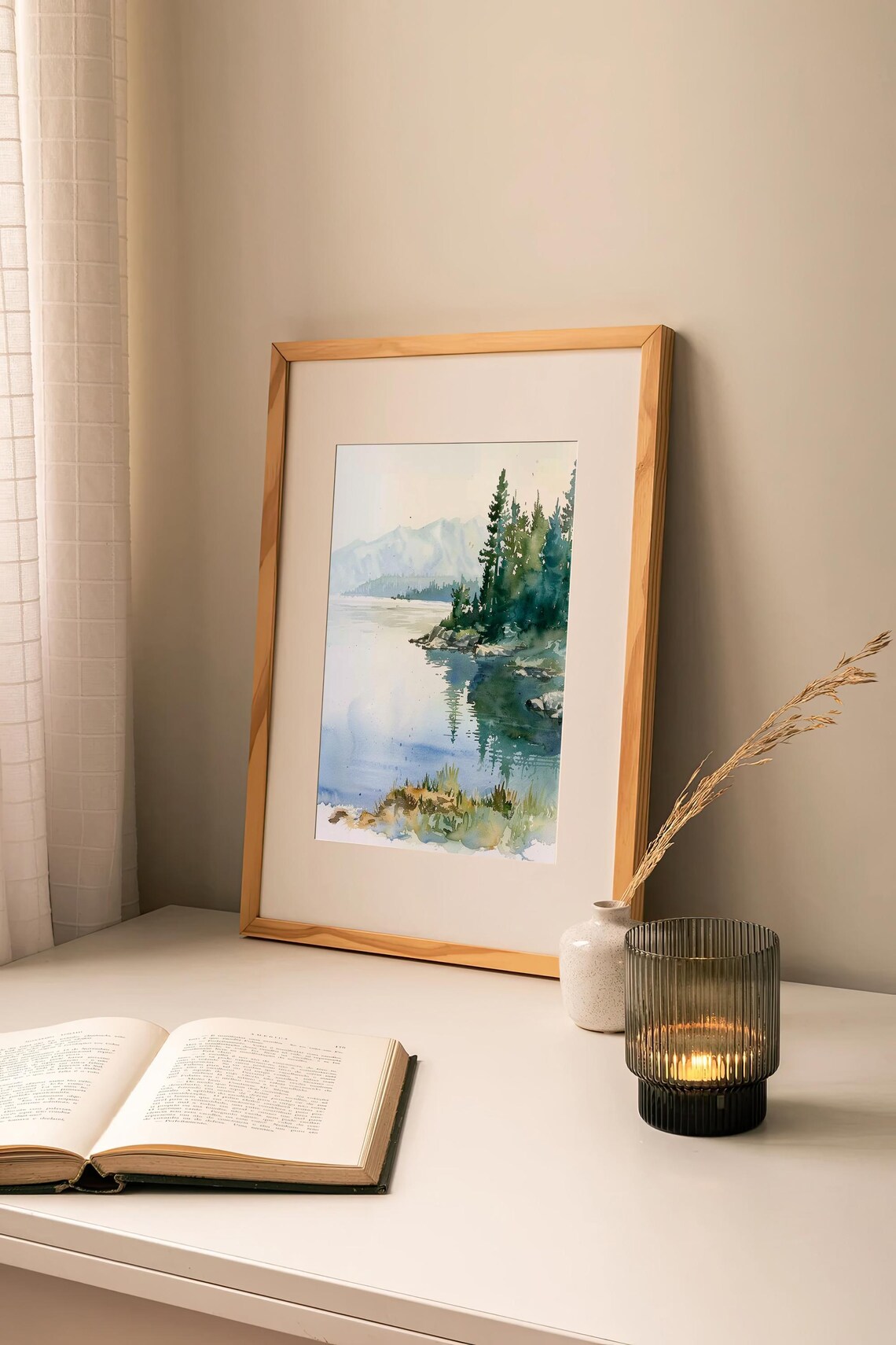 Lake Tahoe Pine Shoreline Misty Mountains Calm Watercolor Lake Poster - Image 2