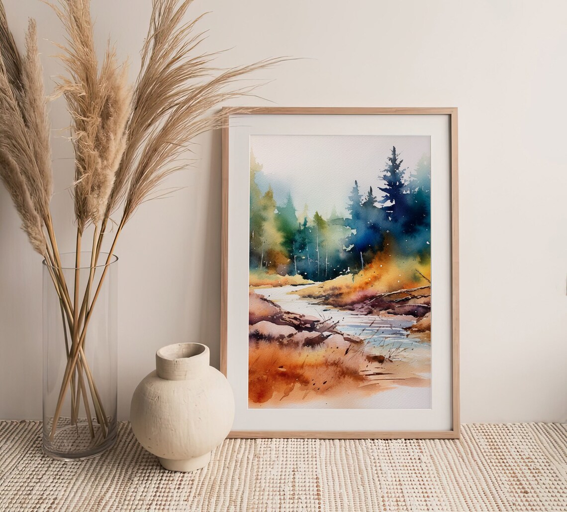 Colorado Forest Stream Misty Pine Trees Watercolor Landscape Poster - Image 4