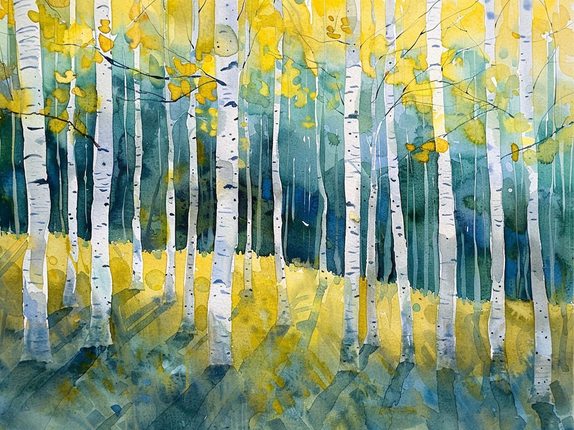 Aspen Forest Watercolor Art Print, Neutral Birch Trees