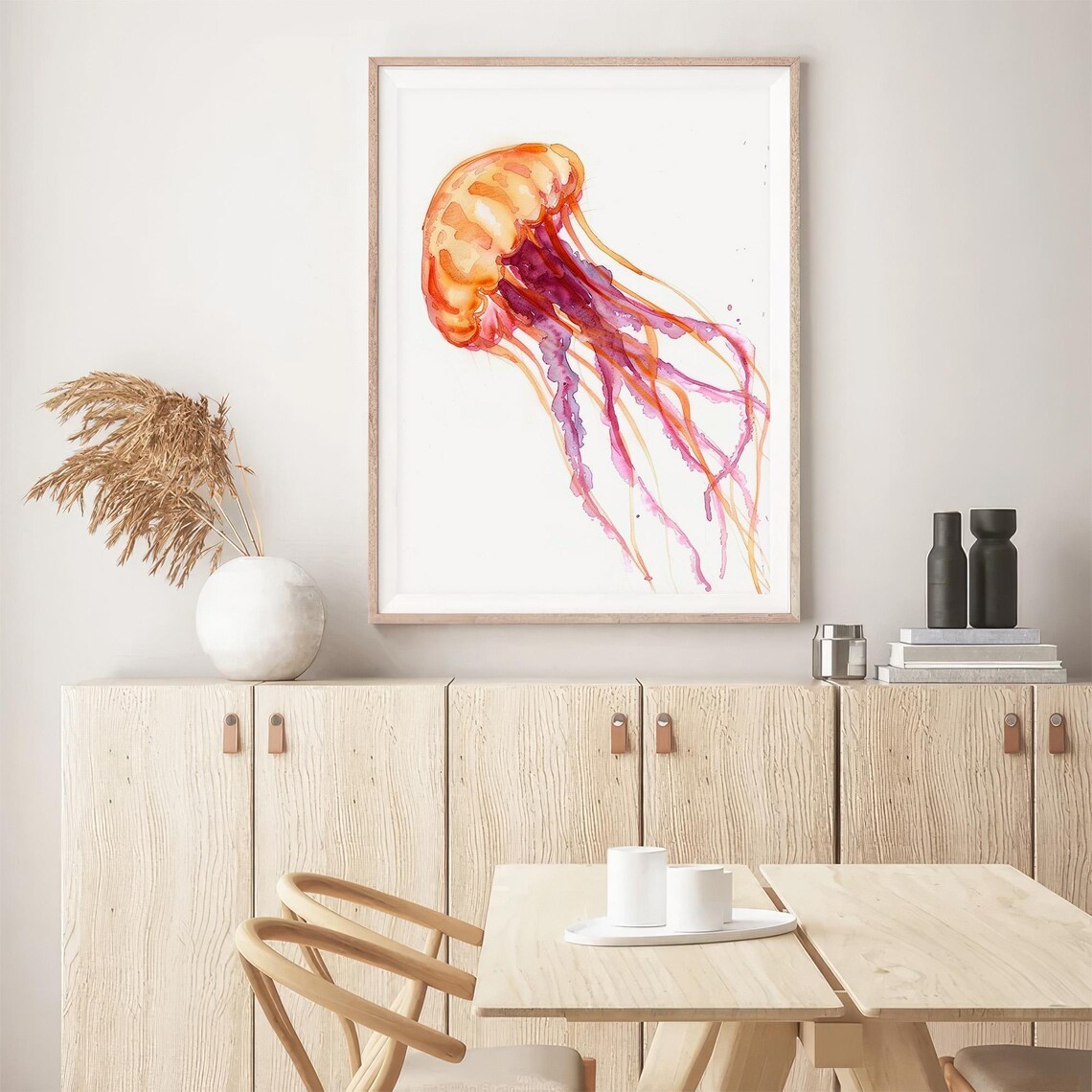 Orange Jellyfish Flowing Tentacles Watercolor Marine Art Poster - Image 5