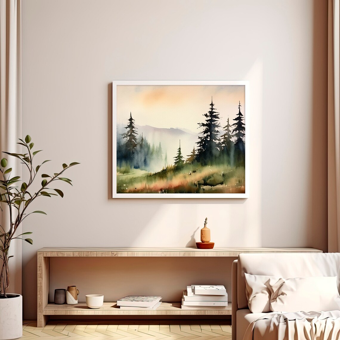 Misty Pine Forest Watercolor Foggy Evergreens Morning Landscape Print - Image 5