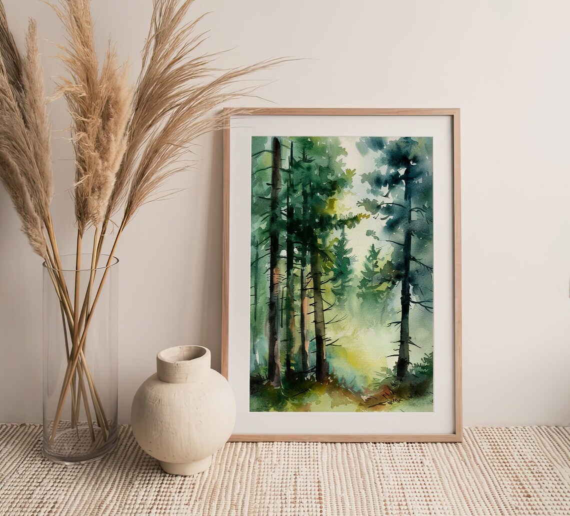 Rocky Mountains Misty Pine Forest Watercolor Poster - Image 4