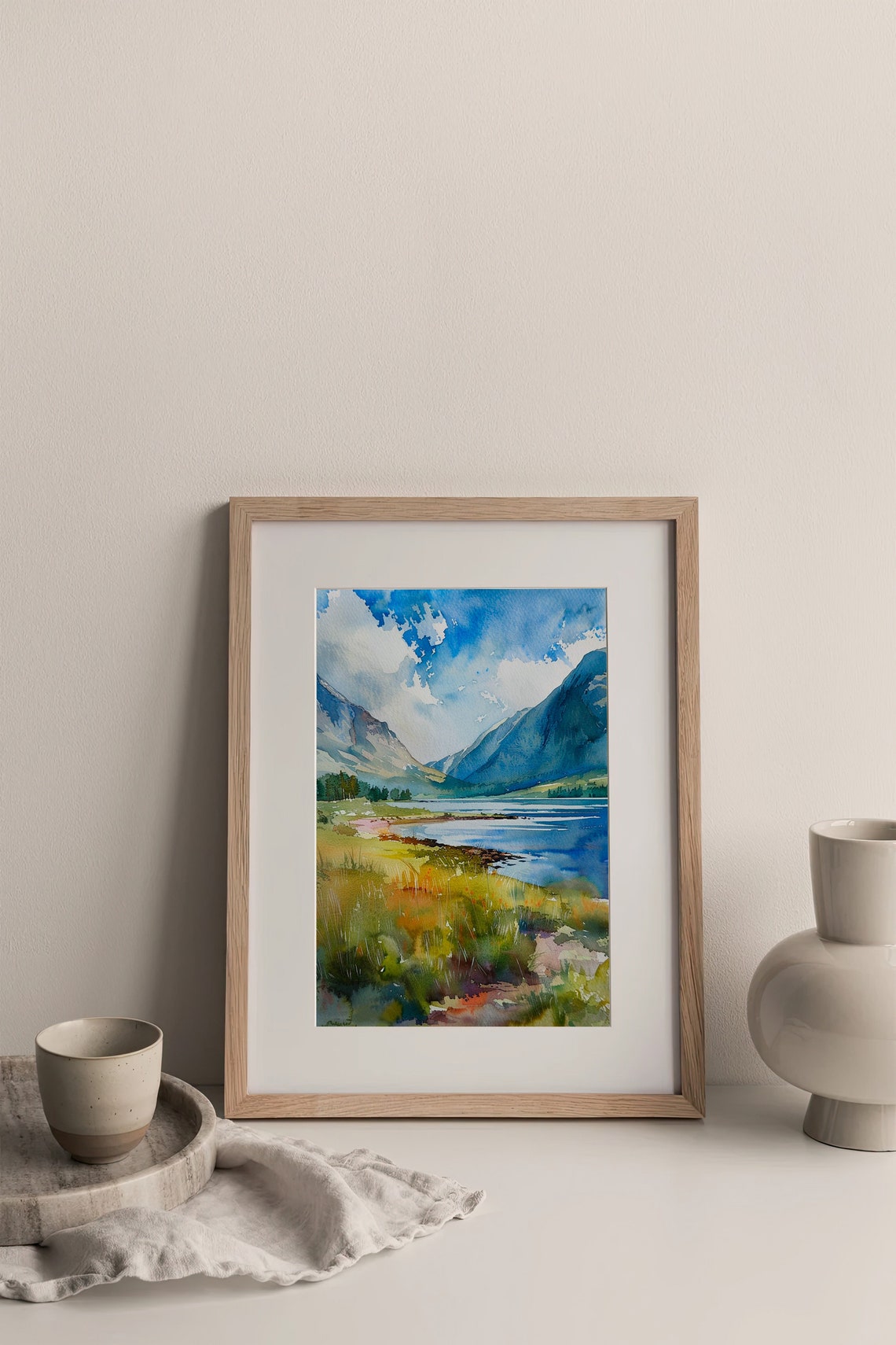 Alpine Blue Mountain Lake Valley Watercolor Landscape Poster - Image 3