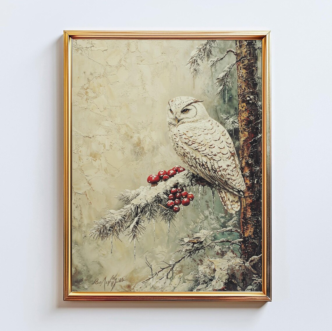 Snowy White Owl Winter Forest Oil Painting Red Berries Pine Art Poster
