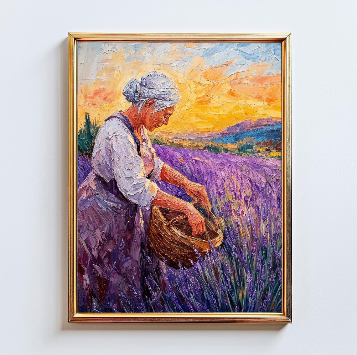 Woman Harvesting Lavender at Sunset in a Purple Field Provence Poster