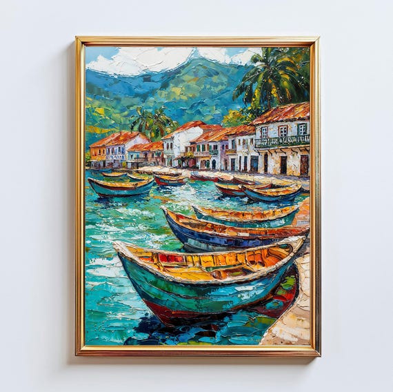 Paraty Brazil Boats Harbor Colonial Waterfront Impasto Painting South America