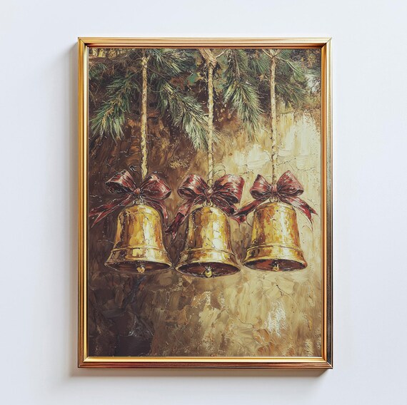 Golden Christmas Bells Red Bows Pine Branches Vintage Holiday Art Poster