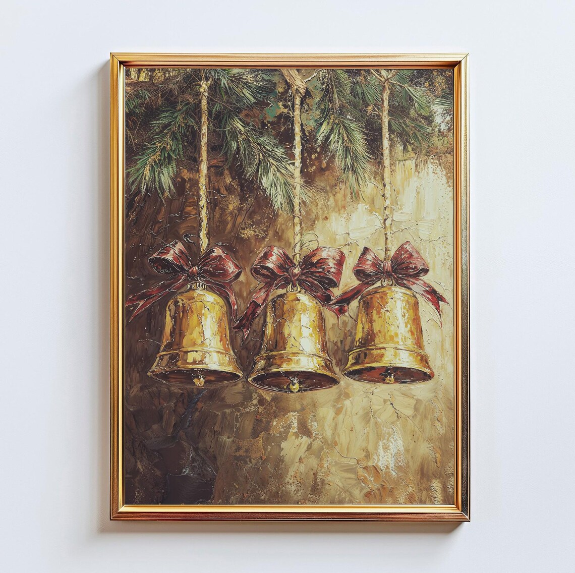 Golden Christmas Bells Red Bows Pine Branches Vintage Holiday Art Poster