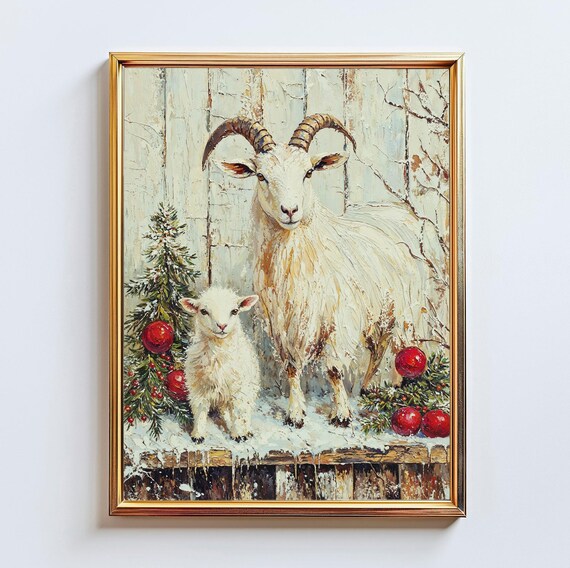 White Goat Kid Christmas Ornaments Snowy Winter Painting Poster