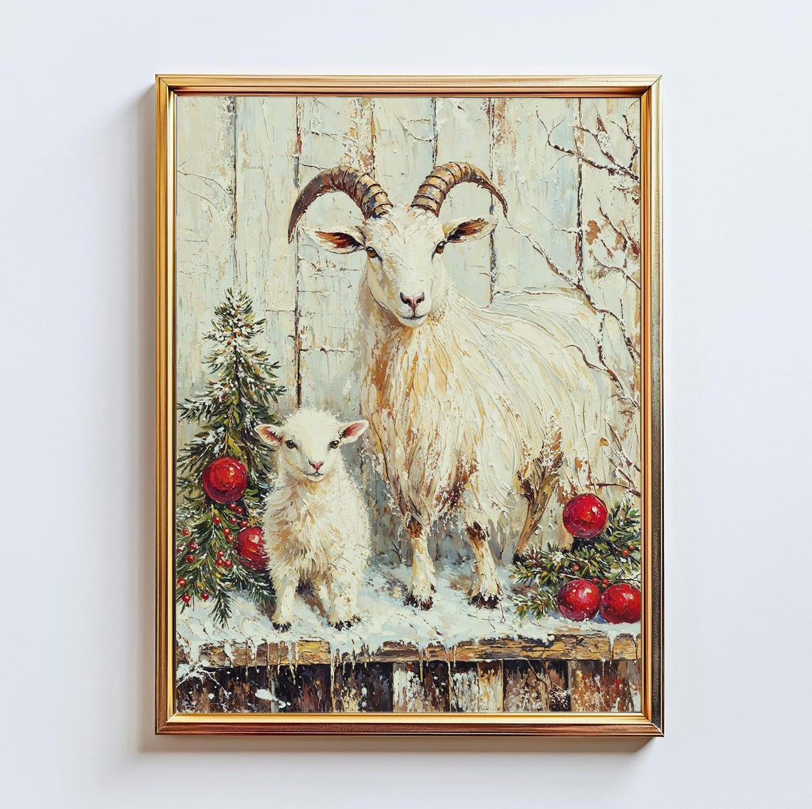 White Goat Kid Christmas Ornaments Snowy Winter Painting Poster