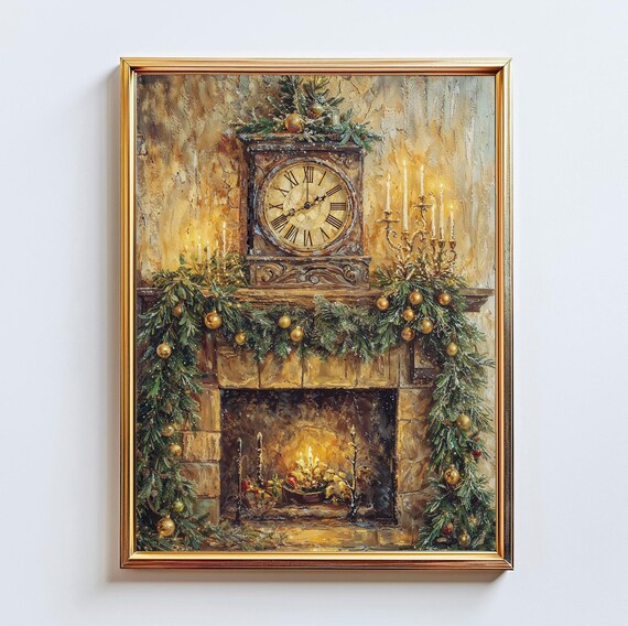 Vintage Christmas Fireplace Mantel Clock Garland Candle Holiday Poster