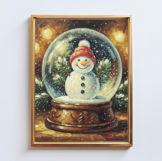 Snowman Snow Globe Red Knit Hat Pine Christmas Impasto Art Poster