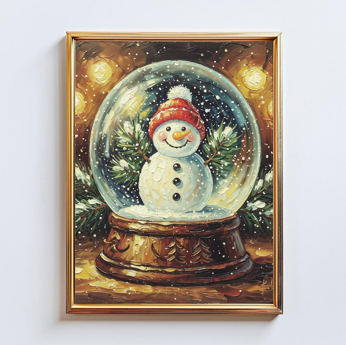 Snowman Snow Globe Red Knit Hat Pine Christmas Impasto Art Poster