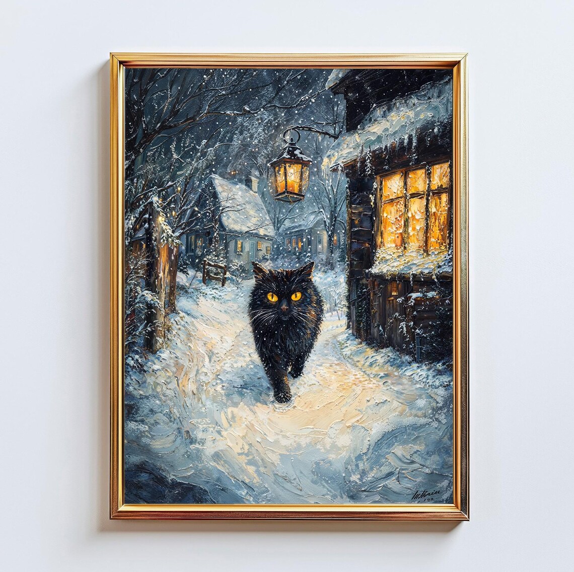 Black Cat In Snowy Village Night Glowing Windows Winter Art Print