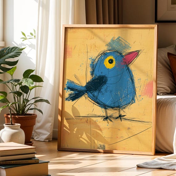 Naive Art Blue Bird Print Whimsical Animal Illustration Colorful Nursery Wall Funky Sketch Decor Downloadeclectic Kids Room