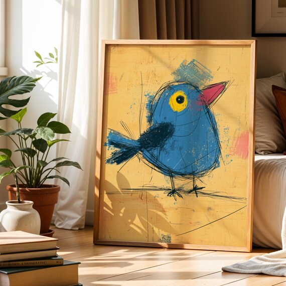 Playful Blue Bird Sketch Naive Art Warm Yellow Nursery Room Decor Poster