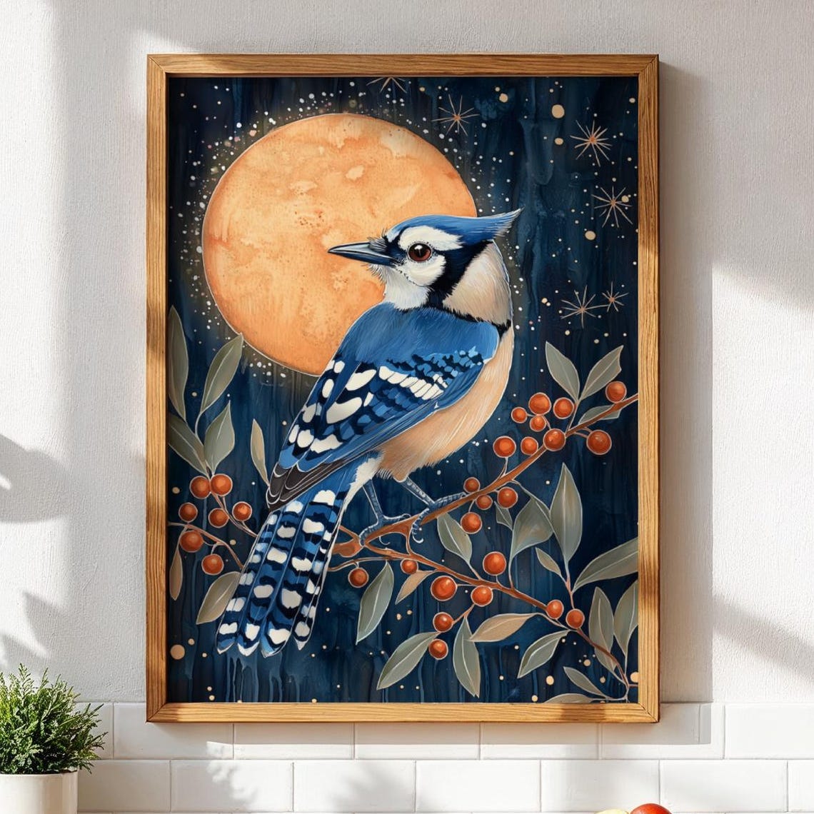 Blue Jay Folk Art Print Scandinavian Botanical Decor