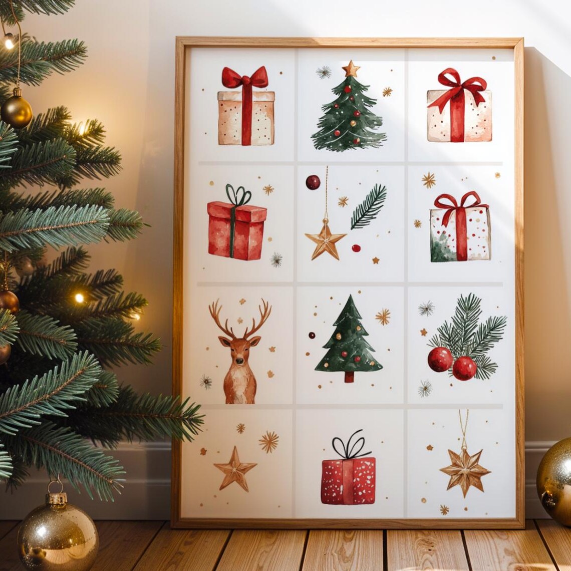Watercolor Christmas Grid Holiday Icons Cozy Festive Season Poster