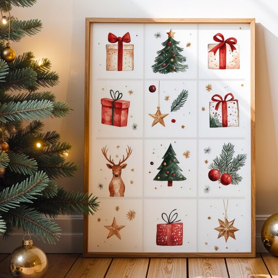 Watercolor Christmas Grid Holiday Icons Cozy Festive Season Poster