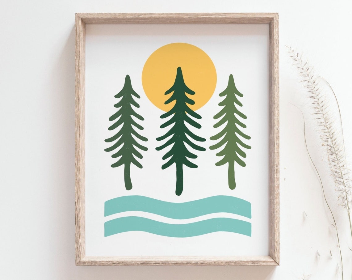 Minimalist Pine Forest Sunset Lake Waves Nature Scandi Poster