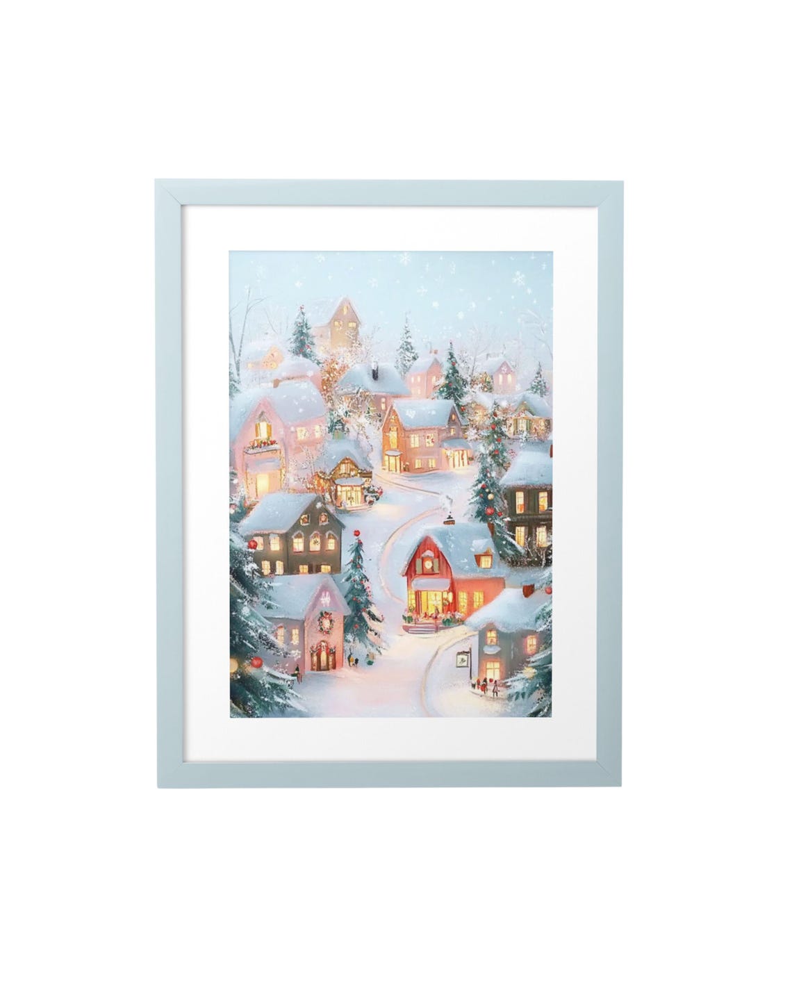 Holiday Pink Christmas Wall Art Pastel Watercolor Print Snowy Pink Car Christmas Village Painting Girly Holiday