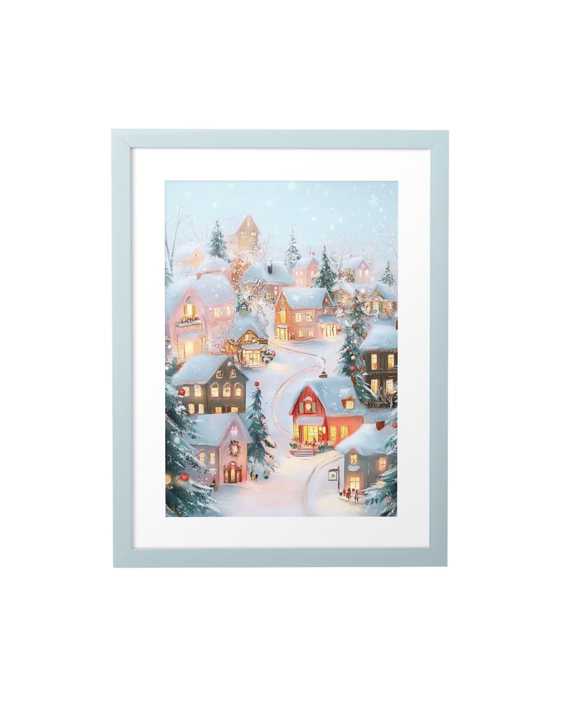 Pink Christmas Village in Snow Pastel Holiday Watercolor Poster